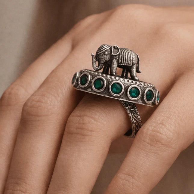 Regal Elephant Motif Ring in Silver Brass – Handmade Indian Artisanal - The Ganges Store