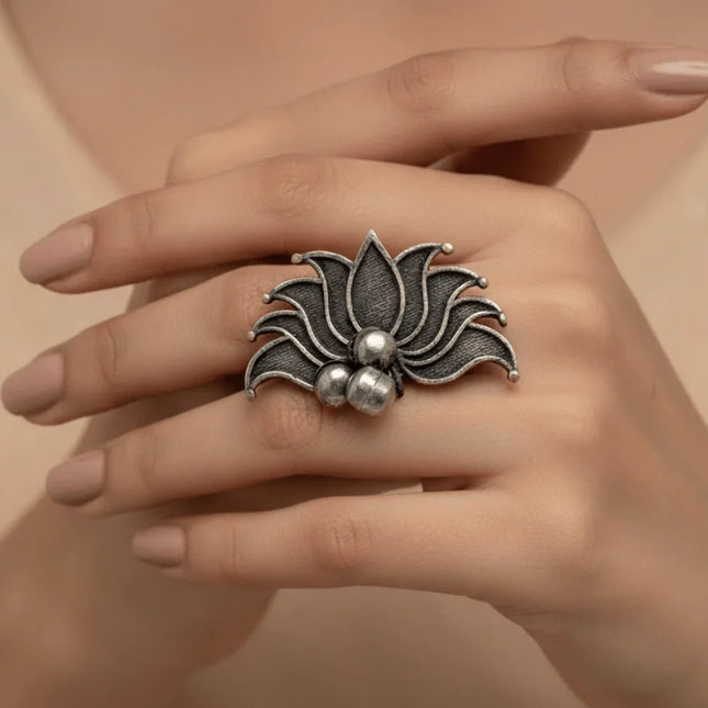 Sacred Lotus Motif Ring in Silver Finish – Handmade Indian Artisanal - The Ganges Store