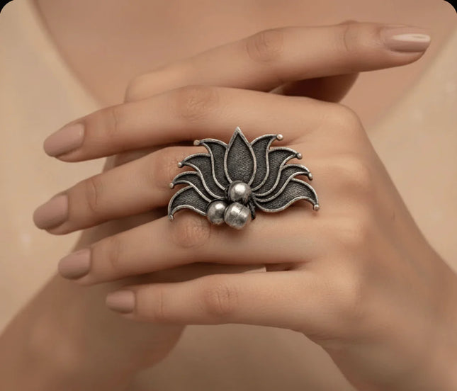 Sacred Lotus Motif Ring in Silver Finish – Handmade Indian Artisanal - The Ganges Store