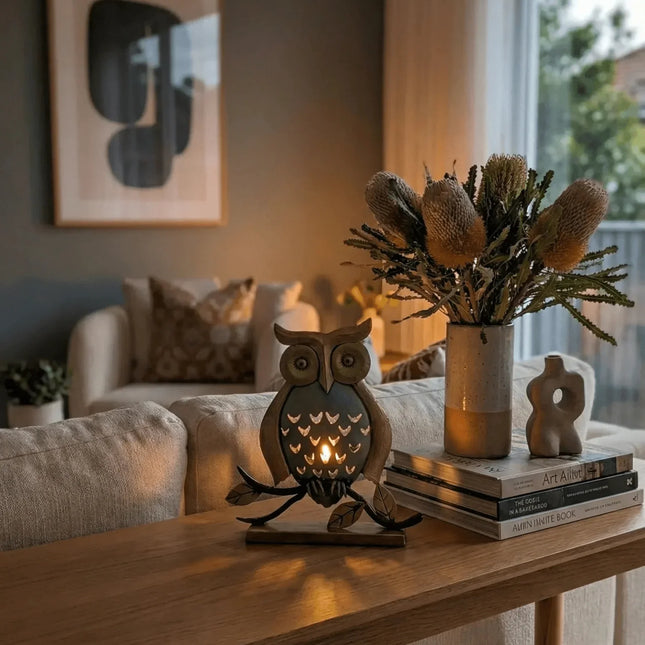 Striking Metal Owl Tealight Holder â€” Handmade Indian Artisanal - The Ganges Store