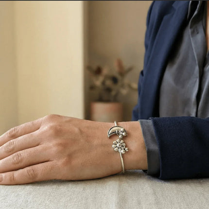 Stunning Bangle with Sun and Moon Motifs in German Silver - Handmade Indian Artisanal - The Ganges Store