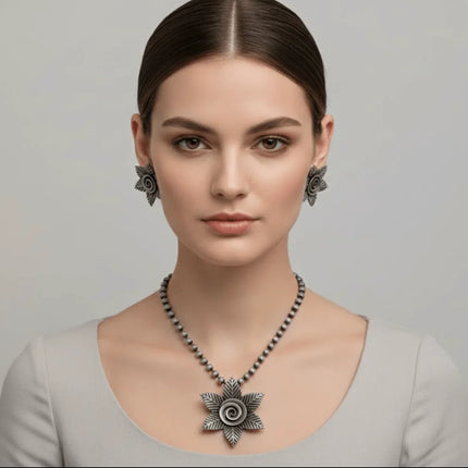 Stunning Traditional Necklace and Pendant Set in German Silver - Handmade Indian Artisanal - The Ganges Store