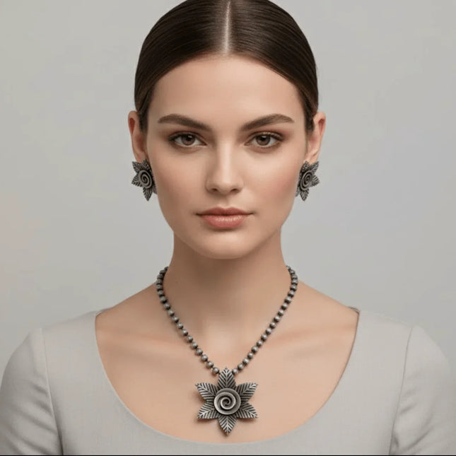 Stunning Traditional Necklace and Pendant Set in German Silver - Handmade Indian Artisanal - The Ganges Store