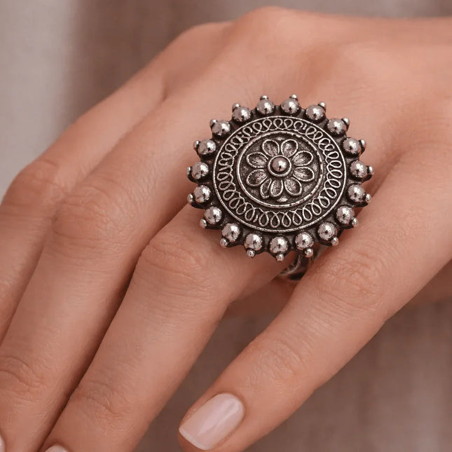 Timeless Floral Pattern Ring in Silver Finish – Handmade Indian Artisanal - The Ganges Store