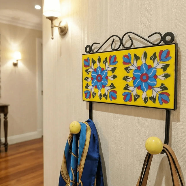 Vibrant Ceramic Double Hanger Hook â€” Handmade Indian Artisanal - The Ganges Store