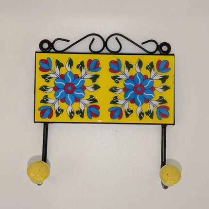 Vibrant Ceramic Double Hanger Hook â€” Handmade Indian Artisanal - The Ganges Store