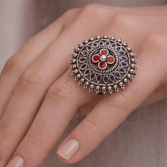 Vibrant Coloured Enamel Ring in Silver Finish – Handmade Indian Artisanal - The Ganges Store