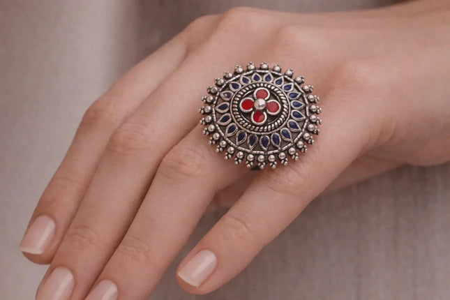 Vibrant Coloured Enamel Ring in Silver Finish – Handmade Indian Artisanal - The Ganges Store