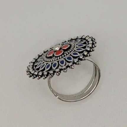 Vibrant Coloured Enamel Ring in Silver Finish – Handmade Indian Artisanal - The Ganges Store