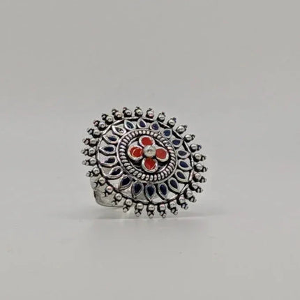 Vibrant Coloured Enamel Ring in Silver Finish – Handmade Indian Artisanal - The Ganges Store
