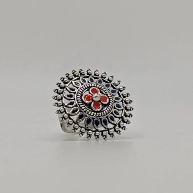 Vibrant Coloured Enamel Ring in Silver Finish – Handmade Indian Artisanal - The Ganges Store