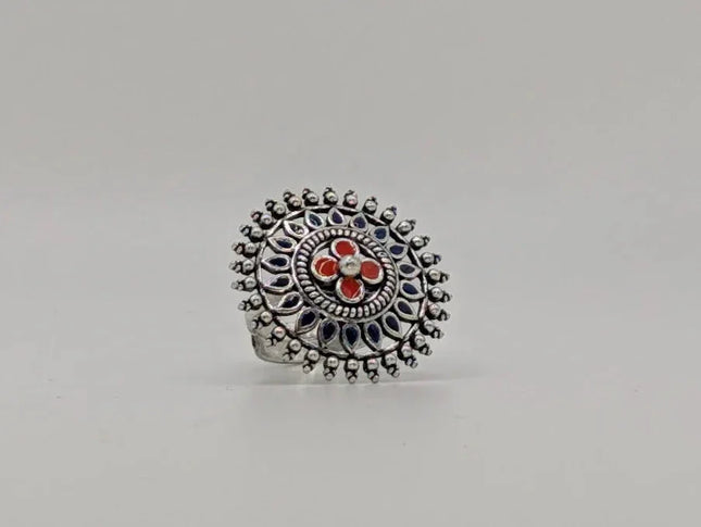 Vibrant Coloured Enamel Ring in Silver Finish – Handmade Indian Artisanal - The Ganges Store