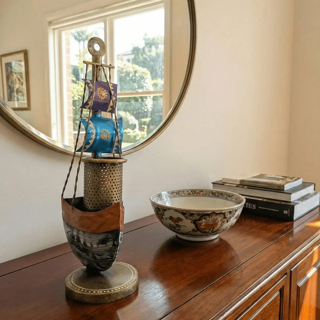 Vibrant Metal Ship Pen Stand â€” Handmade Indian Artisanal - The Ganges Store