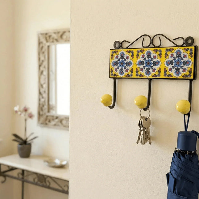 Vibrant Triple Ceramic Hook - Hand - Painted Indian Wall Hanger - The Ganges Store