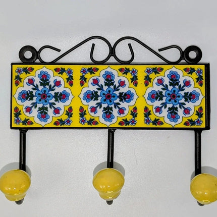 Vibrant Triple Ceramic Hook - Hand - Painted Indian Wall Hanger - The Ganges Store